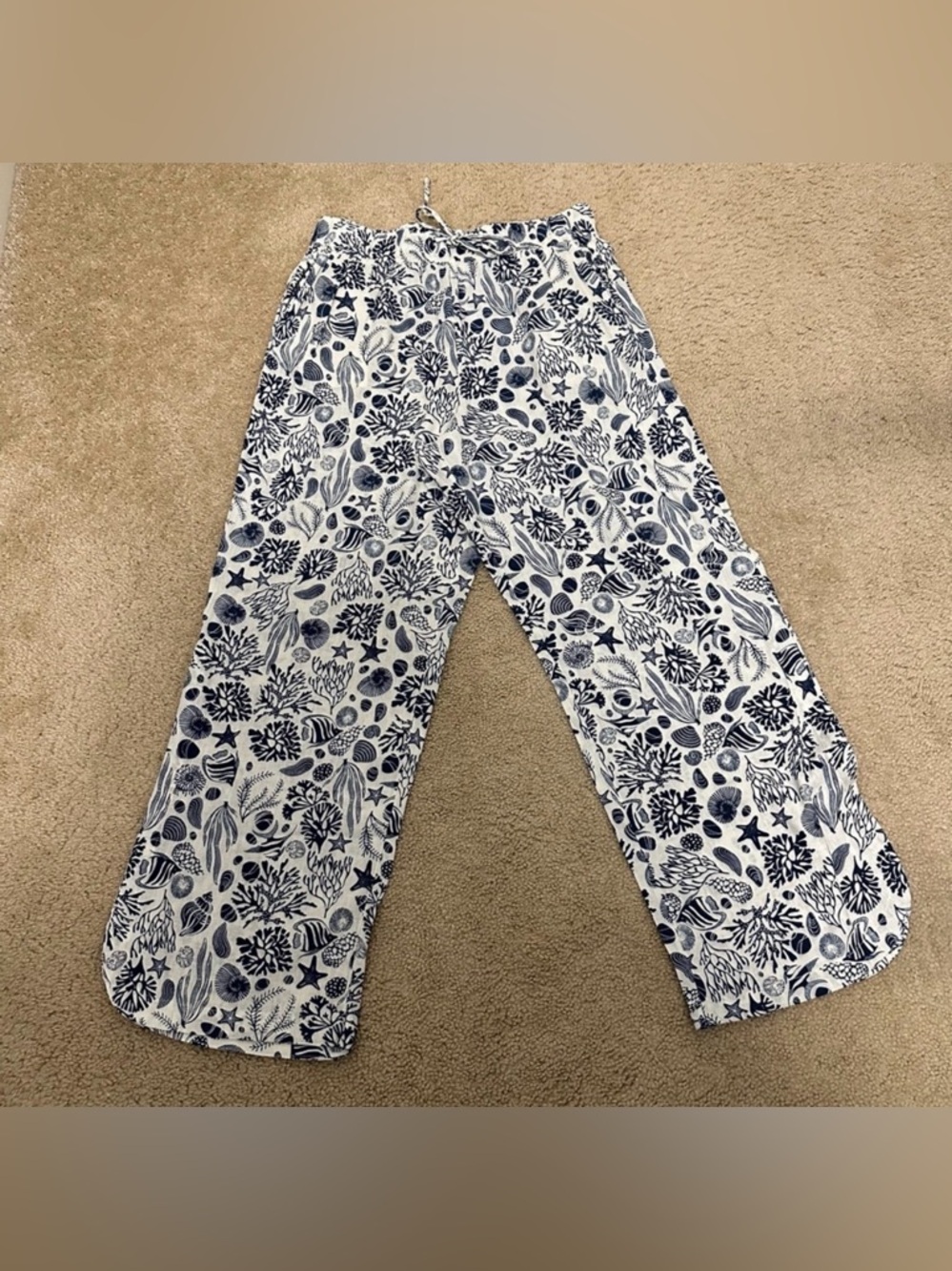 Sigrid Olsen Nautical Print Linen Blend Pants in White & Navy Size Large VGUC - Picture 1 of 7